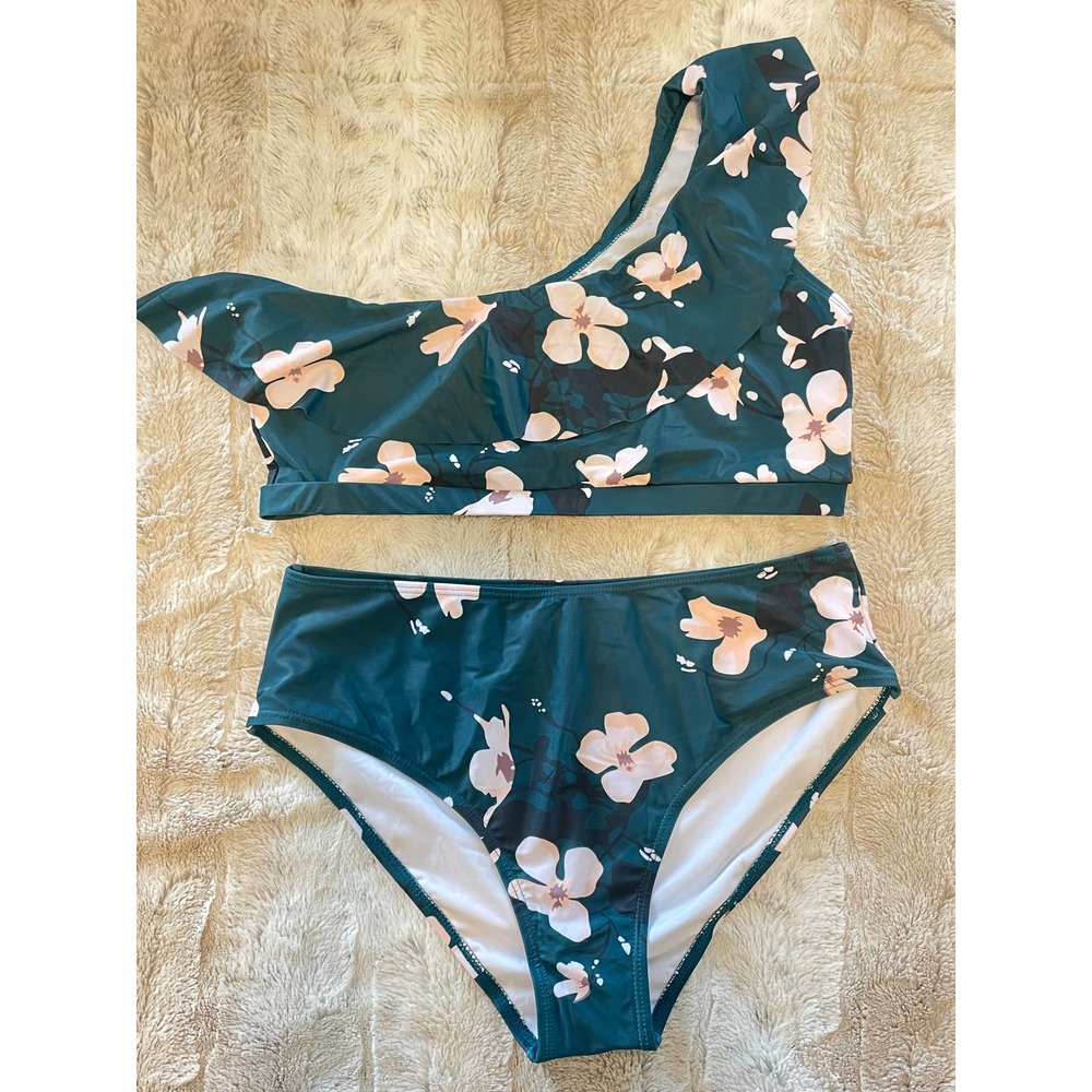 NWT - Women's Blue / Pink Floral High Waisted One Shoulder Bikini Swimsuit - L